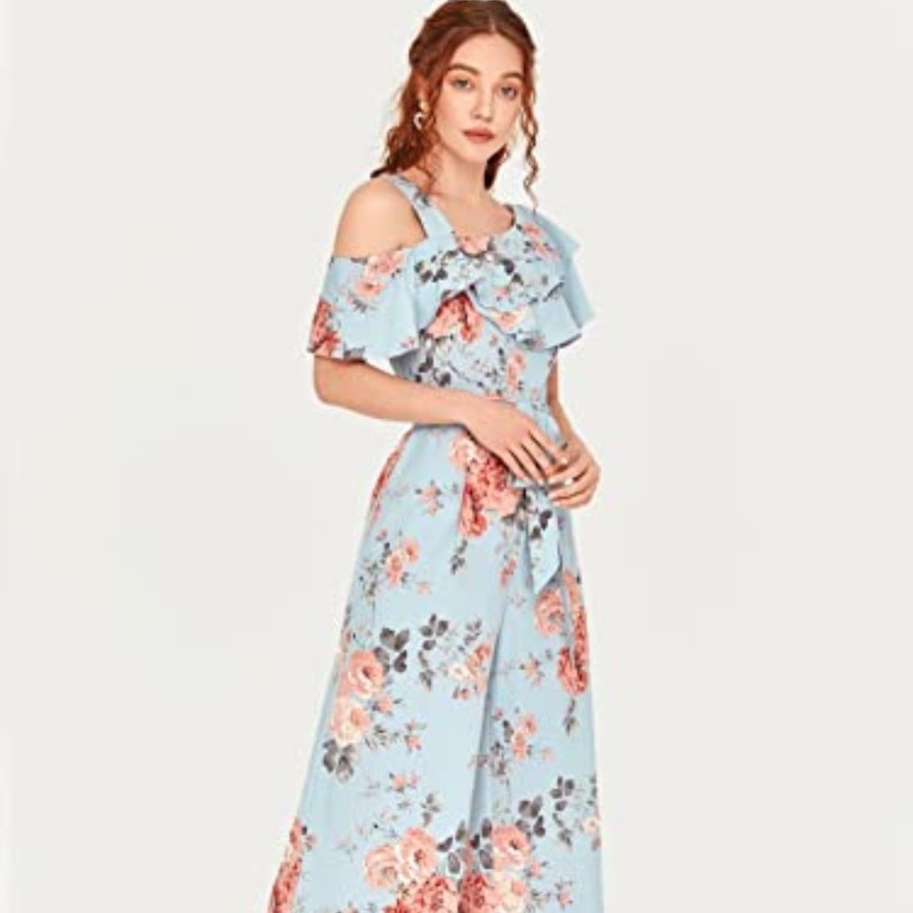 Women's Rose Floral Print Ruffle Hem Romper Short Sleeve Wide Leg Jumpsuit